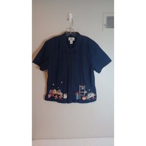 Vintage C.J. Banks 100% Cotton Button Up Shirt Blue Sz 16 Garden Embroidered